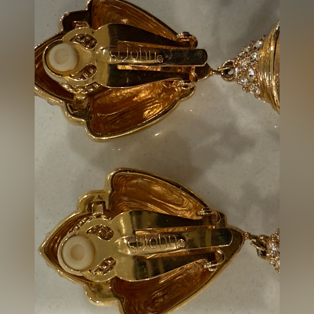 St. John Clip on Elegant Gold and Silver Crystal Drop Earrings - Picture 5 of 7